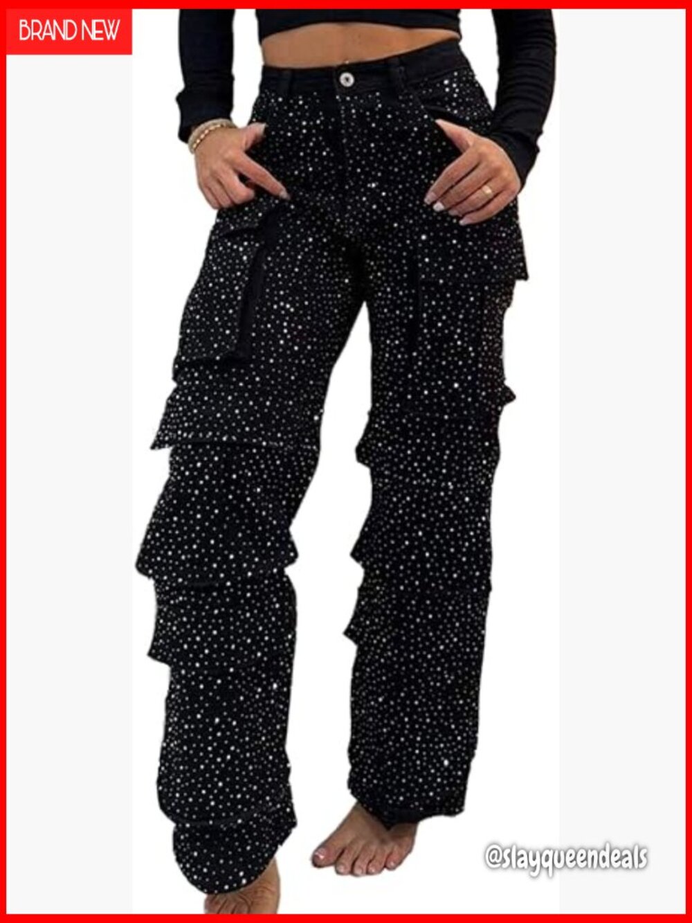 Rhinestone Cargo Jeans Baggy High Waist Wide Leg Bling Pearl Denim Pants